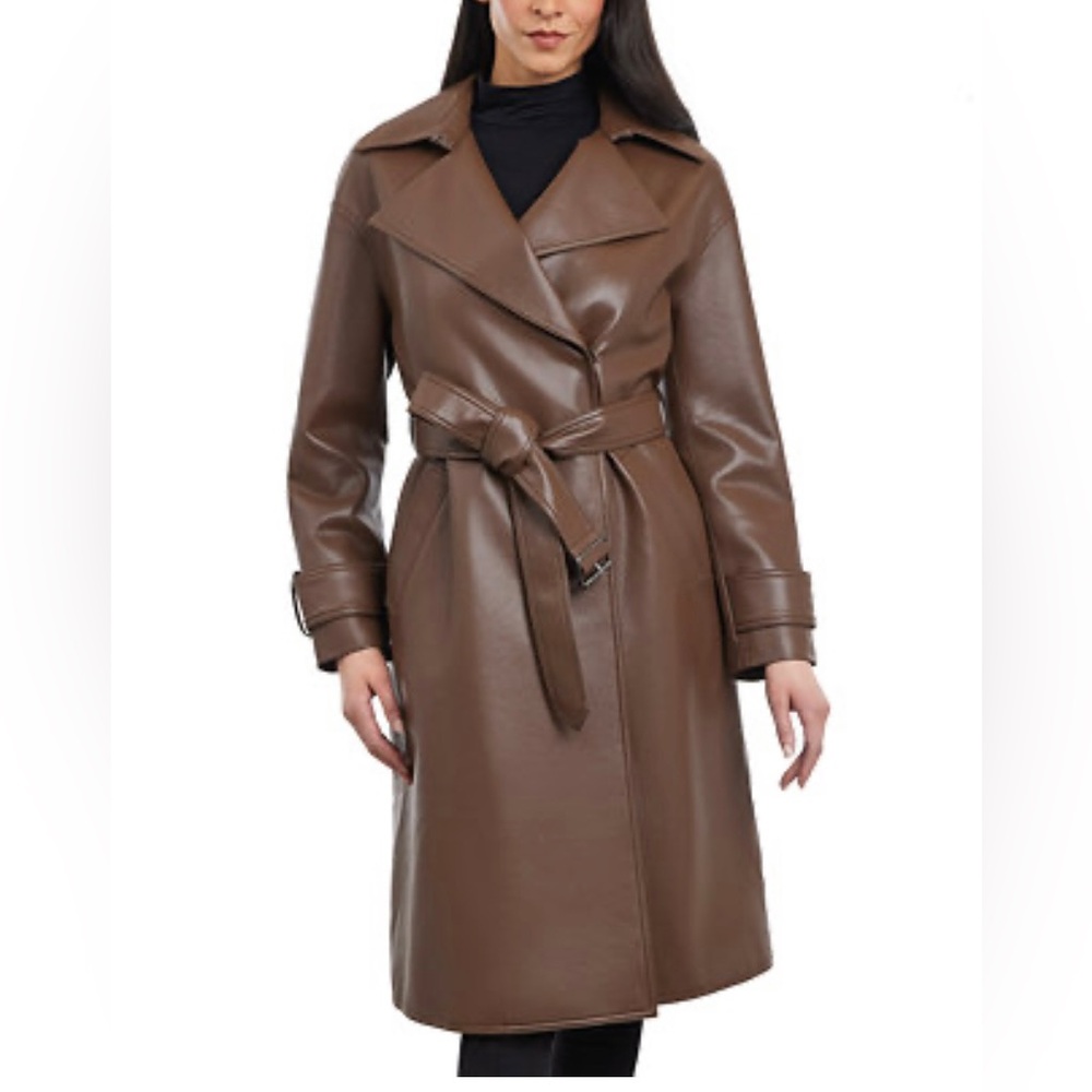 BCBGgeneration Women's  Sz Small Brwon Trench Coat  Faux Leather-Belted NWT